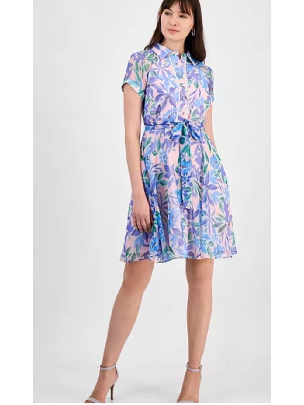 Tahari ASL Shadow-Striped Floral Print Belted Dress Size 8 - Picture 1 of 15